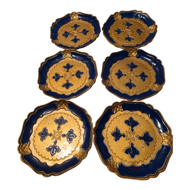 Mid 20th Century Florentine Giltwood Italian Coasters Rare Mediterranean Blue - Set of 6 For Sale