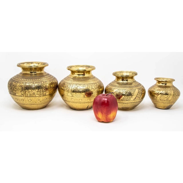 Vintage Engraved Brass Lota Vessel From India 1950s Set of 4 For Sale In Palm Springs - Image 6 of 12