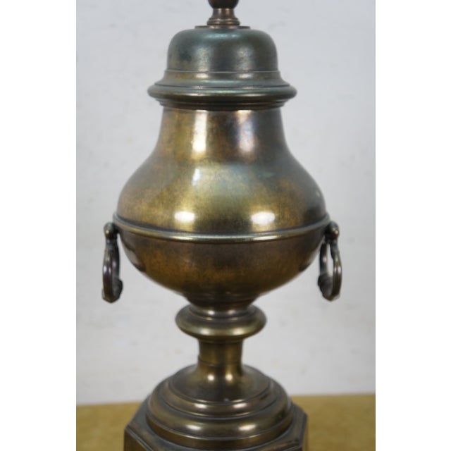 Mid 20th Century Empire Brass Mantel Trophy Urn Table Lamp Black Shade 31" For Sale - Image 6 of 14