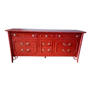Thomasville Allegro Faux Bamboo High Gloss Red Nine Drawer Dresser Credenza For Sale