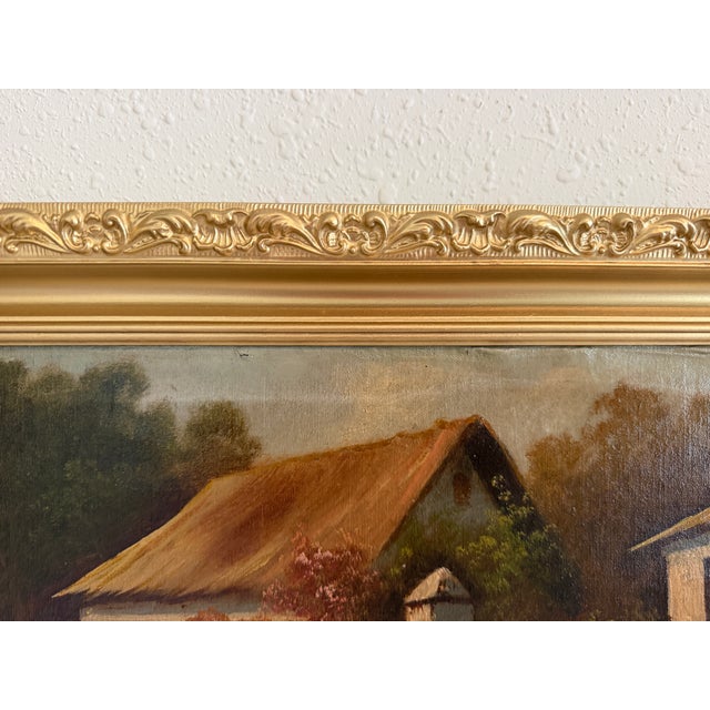 Textile Antique Oil Painting on Canvas Cows Farm Landscape Pastoral Scene Signed Framed For Sale - Image 7 of 15