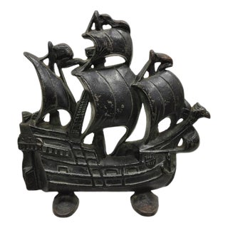 Antique Victorian 1930 Creation Co Cast Iron Figural Painted Ship Boat Door Stop For Sale
