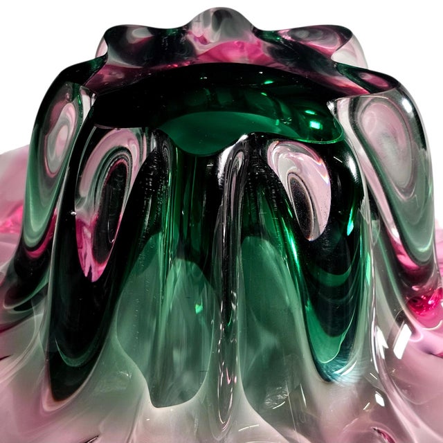 Murano Style Sommerso Art Glass Ruffled Centerpiece Bowl Pink Green 20" For Sale - Image 15 of 17
