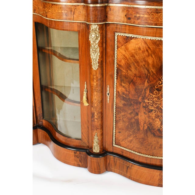 Wood Antique Victorian Serpentine Burr Walnut Marquetry Credenza, 19th Century For Sale - Image 7 of 18