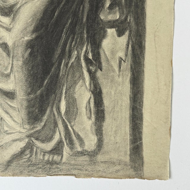 Antique Academic French Beaux Arts charcoal drawing of the classical marble relief Nike Adjusting Her Sandal. Executed on...