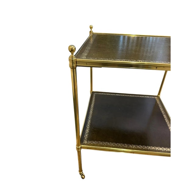 English Pair of Brass and Green Leather Tooled Two-Tiered Side Tables For Sale - Image 3 of 18