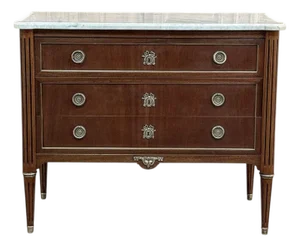 Antique French Louis XVI Mahogany Carrara Marble Top Commode