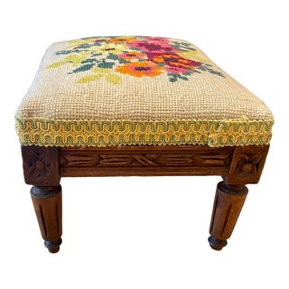 Vintage Light Chartreuse Green Floral Needlepoint Footstool For Sale