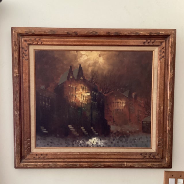 This vintage oil painting on canvas depicts a "City Motif at Dusk" and is signed by the artist. The artwork showcases a...