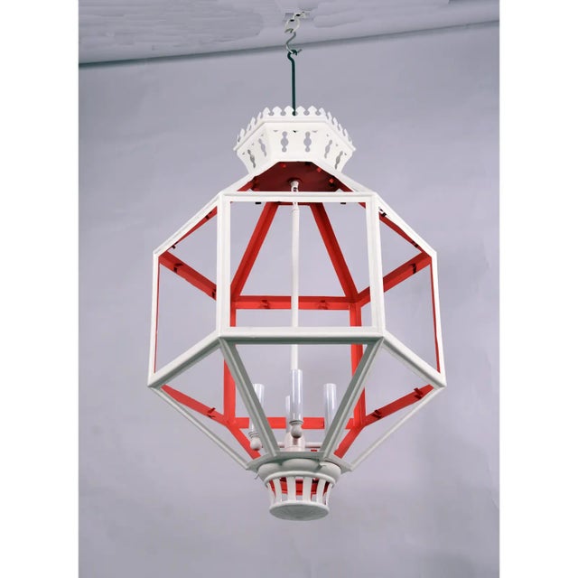 Metal Vintage Hexagon Tole Lantern Chandelier With Crown on Top. 4 Cluster to Hold the Bulb, Two Tone Orange/White For Sale - Image 7 of 10