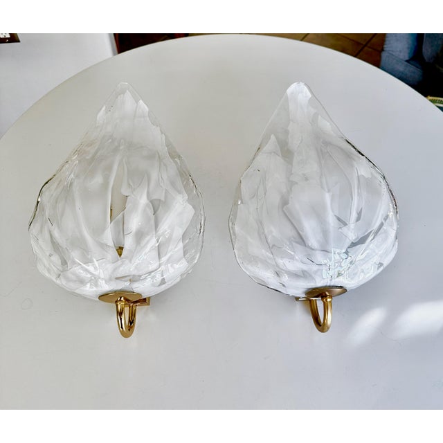Pair Mazzega Murano White & Clear Glass Leaf Wall Sconces For Sale - Image 13 of 15