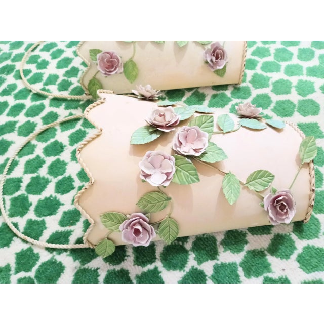 Traditional Vintage Sweet Scalloped Edge Tole Floral Metal Wall Pockets- a Pair For Sale - Image 3 of 5