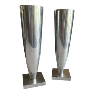 MCM Modernist Sleek Cast Aluminum Statement Piece Candlestick Set For Sale