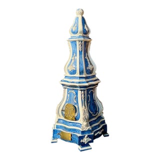 19th-C. French Terracotta Pottery Blue & White Majolica Glazed Stove / Obelisk For Sale