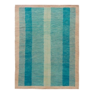 Teal Modern Expressionist Flat-Weave Room Size Wool Rug For Sale
