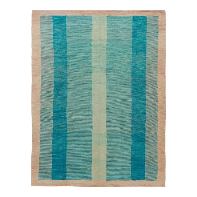 Teal Modern Expressionist Flat-Weave Room Size Wool Rug For Sale
