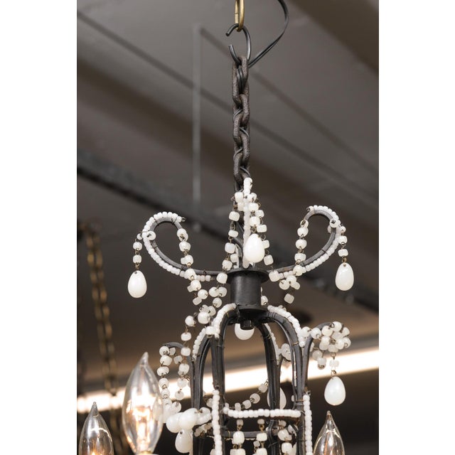 Italian Petite 4-Light Iron & Opaline Glass Beaded Chandelier, 1940s Italy For Sale - Image 3 of 14
