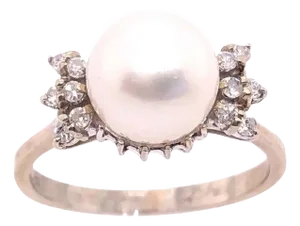 14 Karat White Gold Pearl Solitaire With Diamond Accents Ring