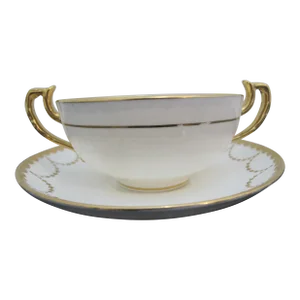 Minton MacDougall Southwick Gold Encrusted H1605 Soup Cream Cup Bowl & Saucer
