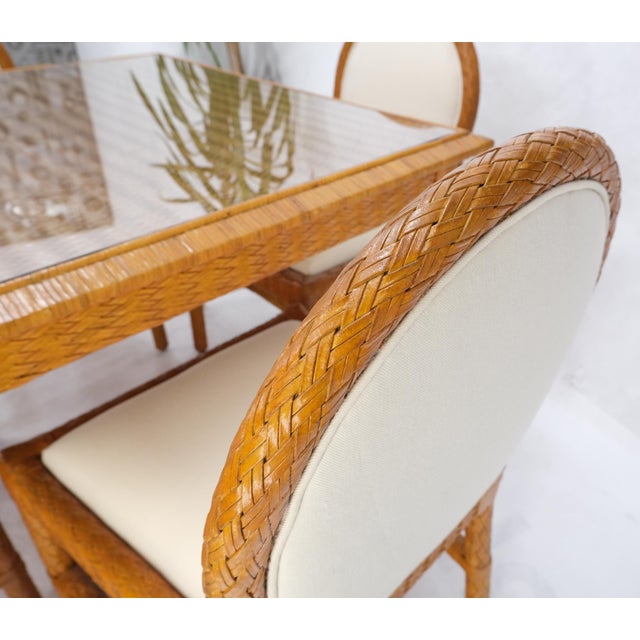 Leather Basket Weave Wicker Style Square Dining Room Table 4 Chairs Glass Top For Sale - Image 12 of 18
