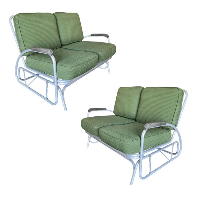 Streamline Art Deco Aluminum Patio/Outdoor Settee Slider/Rocking , Pair For Sale