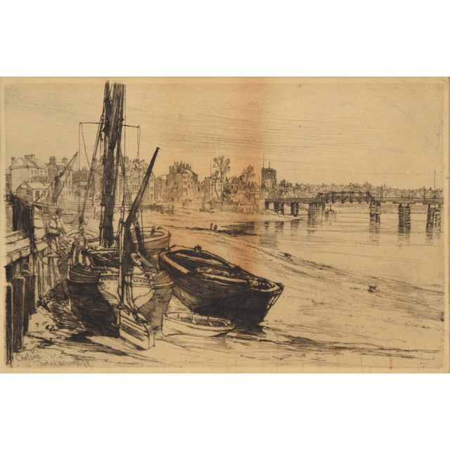 Old Battersea Bridge View, Chelsea, 1879 - Etching on Paper Black and white 1897 etching titled "Old Battersea Bridge...