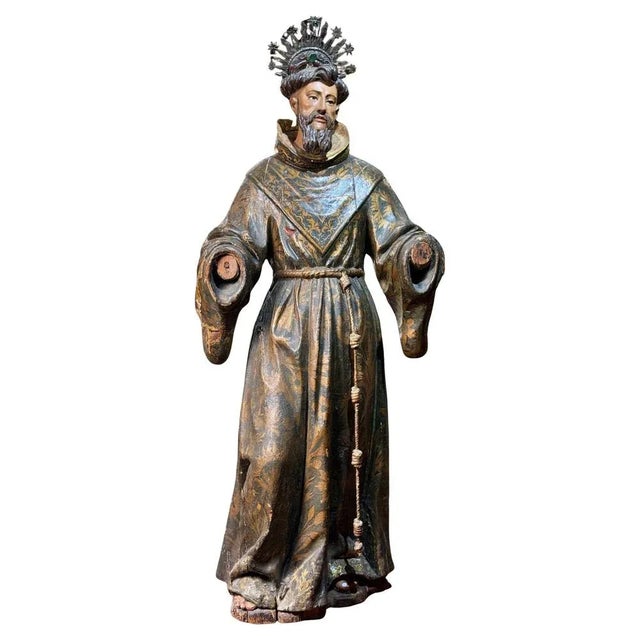 Wood Spanish Baroque School Artist, Life-Size Sculpture of Saint Francis of Assisi, 1600s, Gilded Wood For Sale - Image 7 of 7