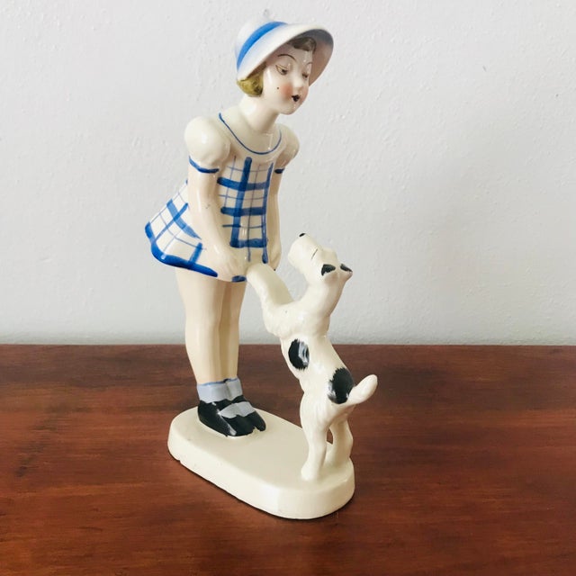 Vintage Porcelain Girl and Schnauzer/Airedale Dog Figurine, Made in Japan For Sale - Image 11 of 11