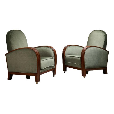 Art Deco Lounge Chairs in Sage Upholstery with Oak Frames, Netherlands, Set of 2 For Sale