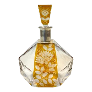 1920s Cut to Clear Glass Amber Etched Decanter