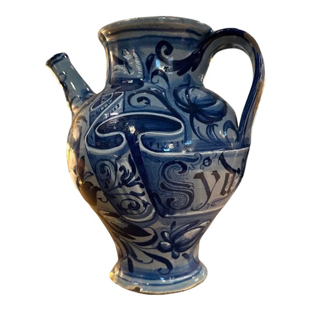 19th Century Italian Blue and White Faience Wine Jug For Sale