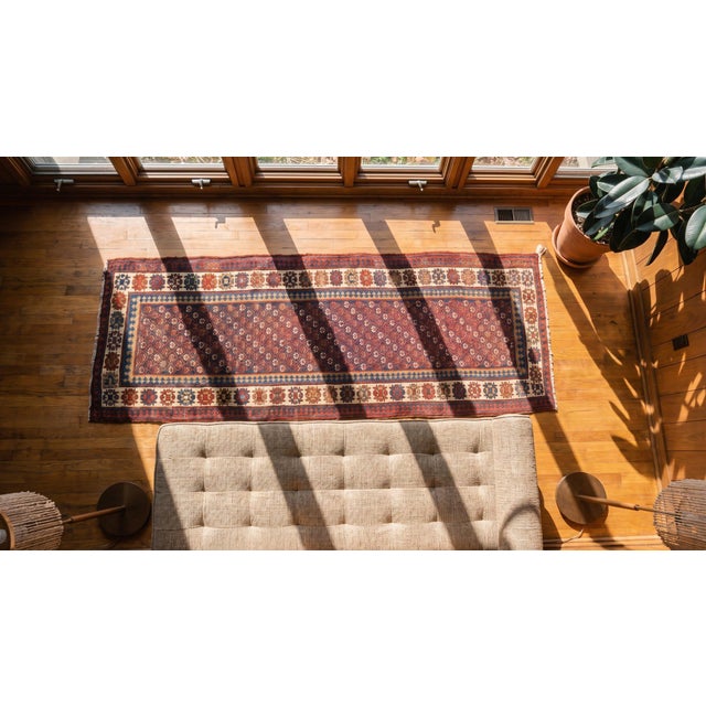 1890s Red Diamond Tribal Antique Persian Kurdish Rug 3'6" X 9'5" Handknotted Wool Carpet For Sale - Image 9 of 9