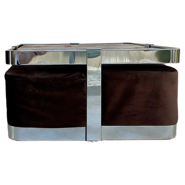 Square Smoked Glass & Steel Coffee or Side Table with 4 Nesting Stools, 1970s, Set of 5 For Sale