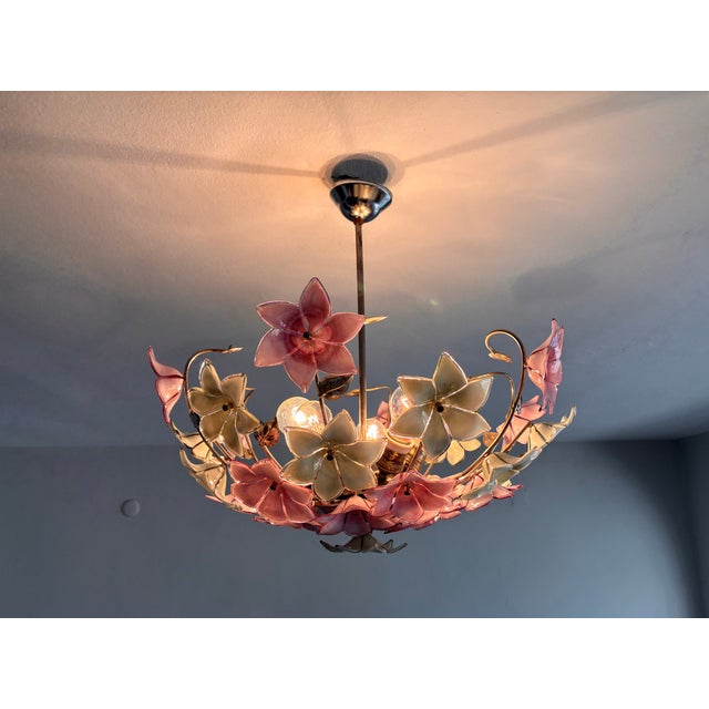 Vintage Italian Murano Style Botanical Flower Ceiling Light, Vintage Handblown Pink Green Glass Bouquet Chandelier, 5-Light Flush Mount For Sale - Image 17 of 17