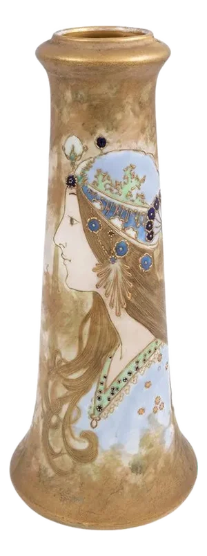 Art Noveau Bohemian Female Portrait Vase Amphora in Blue and Gold, 1890s