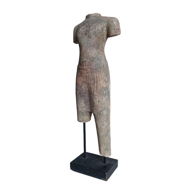Traditional Reclaimed Khmer Torso Sculpture, Hand-Carved Sandstone, Thailand, 1930 From the Collection of Vicente Wolf For Sale - Image 3 of 12