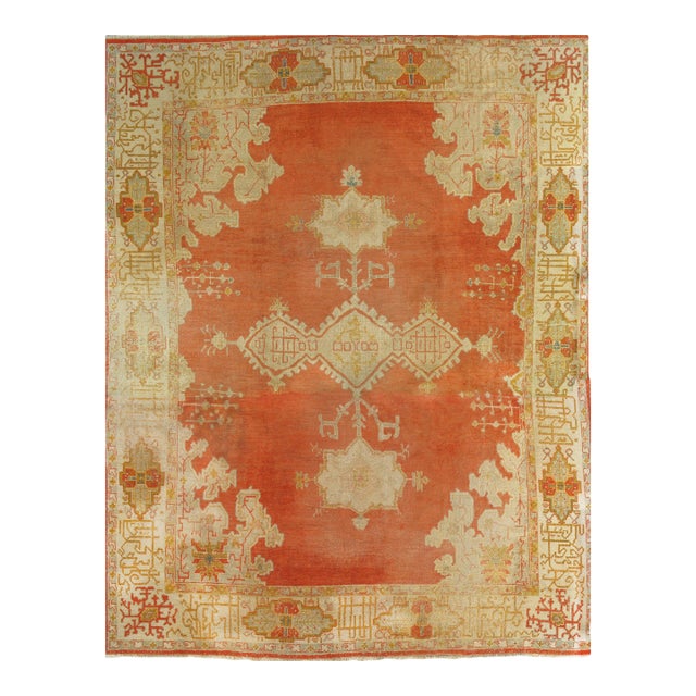 Antique Oushak Carpet, Oriental Rug, Handmade Rug Saffron, Light Blue and Coral For Sale