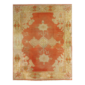 Antique Oushak Carpet, Oriental Rug, Handmade Rug Saffron, Light Blue and Coral