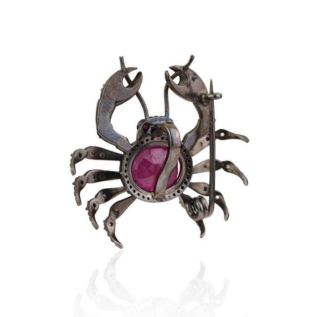 Art Deco 6.4 Carat Ruby and Diamond Crab Brooch Pendant in Sterling Silver For Sale - Image 3 of 14