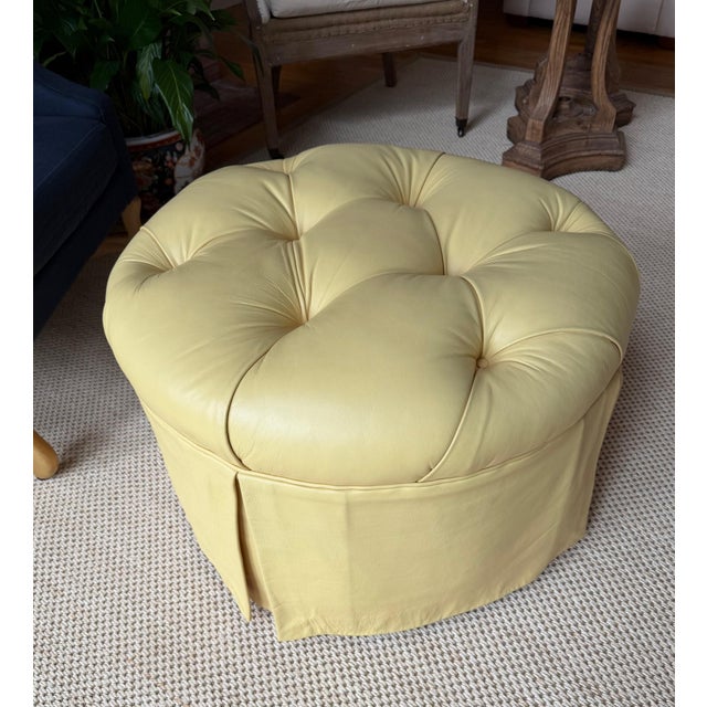 Custom Butter Yellow Tufted Leather Ottoman, Footstool For Sale - Image 17 of 18