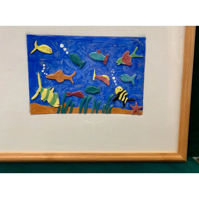 1970's Artisan Crafted Ceramic Fish Wall Art Framed Under Glass For Sale - Image 4 of 9
