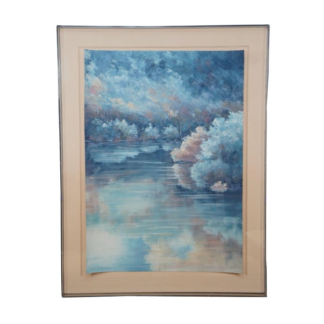 Pair of vintage large watercolor paintings of impressionist style tree lined lakes titled Summer Reflections I and Summer...