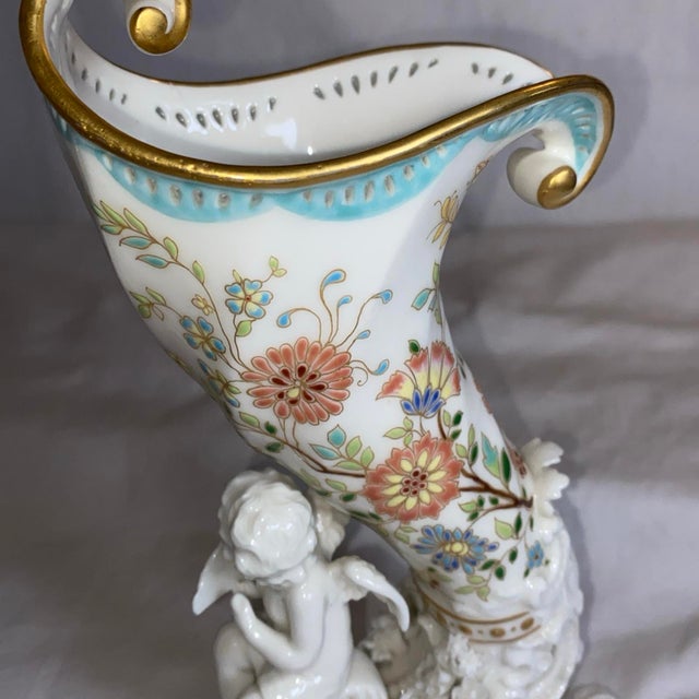 Ceramic Pair of 1970s Cornucopia Hand Painted Floral With Cherubs on the Tips For Sale - Image 7 of 11