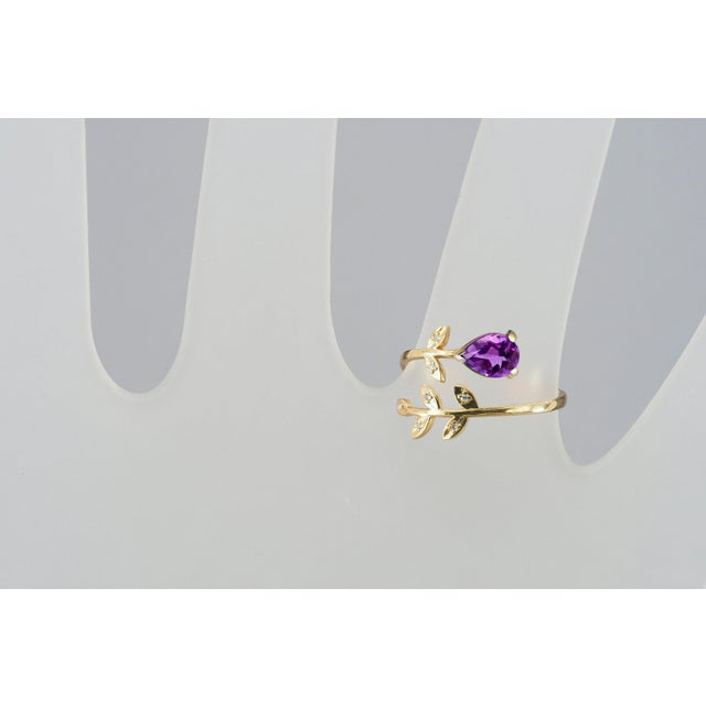 Pear amethyst 14k gold ring. Amethyst gold ring. Genuine amethyst ring. Gold leaves ring. Floral gold ring. Delicate gold...