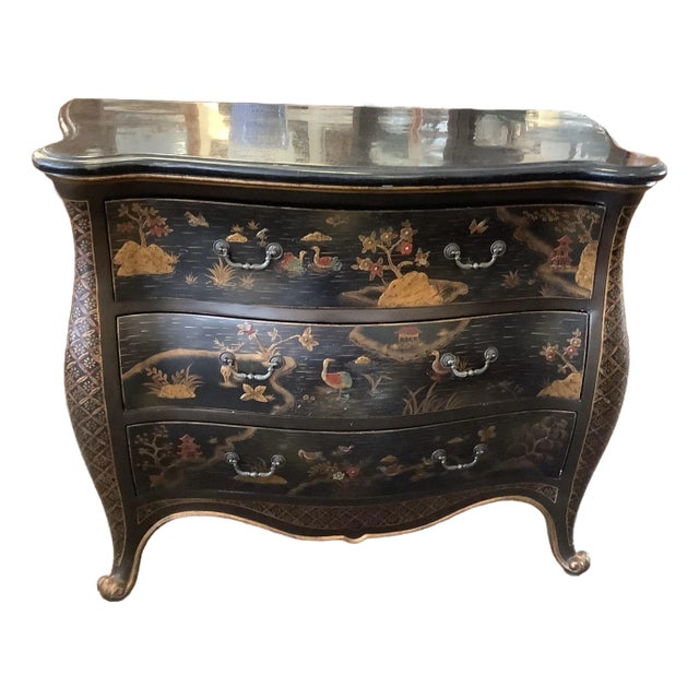 Black Chinoiserie Chest of Drawers With Marble Top. Bombe Style For Sale