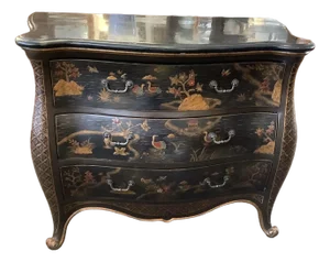 Black Chinoiserie Chest of Drawers With Marble Top. Bombe Style