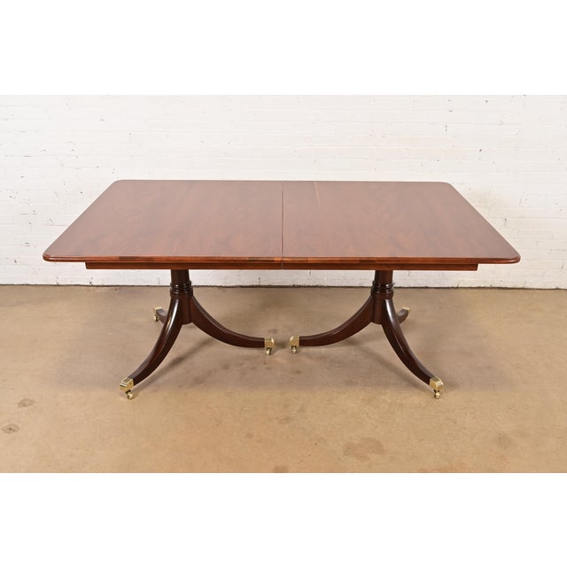 Brown Baker Furniture Style Georgian English Yew Wood and Mahogany Double Pedestal Extension Dining Table, Newly Refinished For Sale - Image 8 of 12