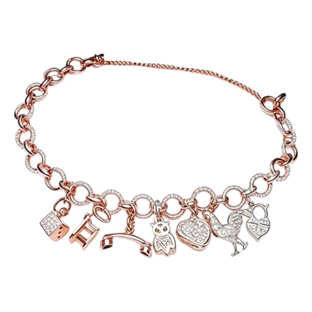 14K Pink Rose Gold Diamond Miniature Charm Bracelet For Sale