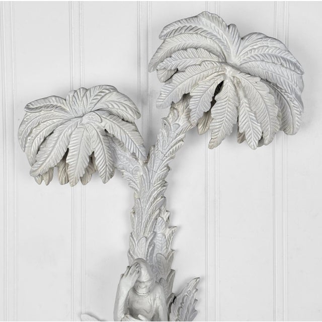 1950s Vintage Florida Regency White Lacquered Palm Tree & Monkey Candle Wall Sconce For Sale - Image 5 of 11