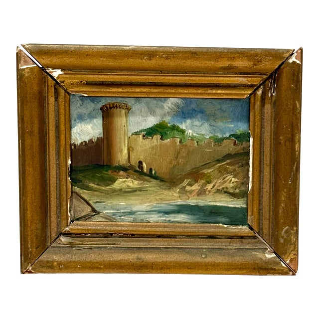 1920s Miniature Oil Painting Landscape With Tower & Stone Wall in Gilt Frame For Sale
